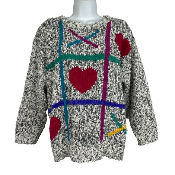 Vintage 80s Here's A Hug Sweater Size M Gray White Chunky Hearts Tic Tac Toe - Picture 1 of 8